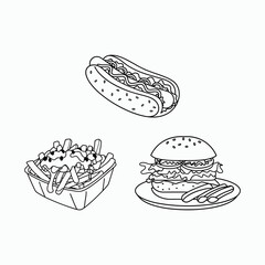 Burger Hot Dog and Fries Outline Food Set Vector Illustration