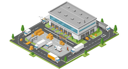 Obraz premium Isometric vector illustration of modern warehouse and distribution center for logistics and supply chain management