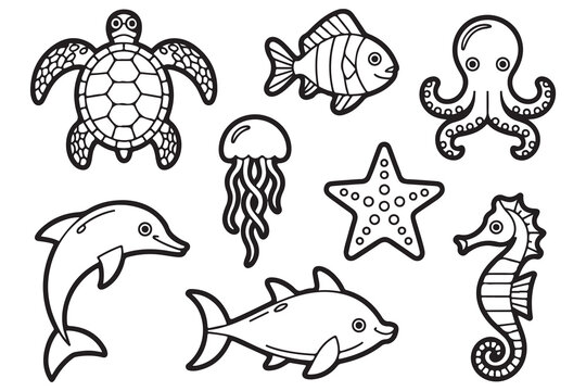 Set of marine animals black silhouette in cartoon style, cute sea animals isolated on white background, sea fish desing alements for poster, card, printing characters.