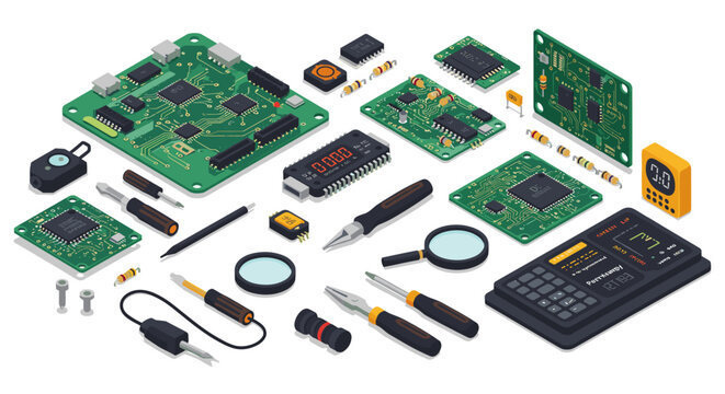 Isometric vector illustration of electronic components and tools for circuit design and repair