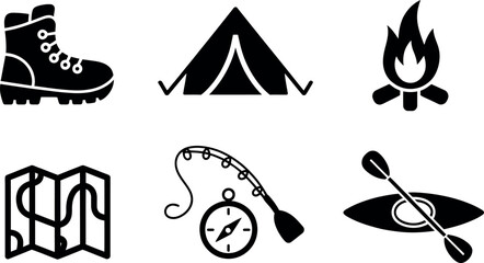 Fototapeta premium Vector camping icons: tent, boot, map, fire, kayak, compass
