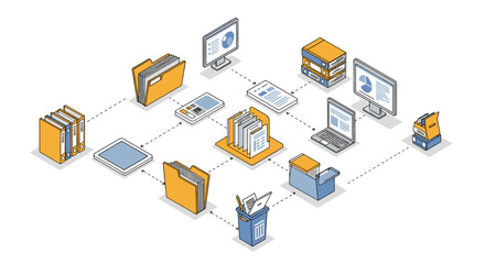 Obraz premium Office organization and document management system vector illustration in isometric style