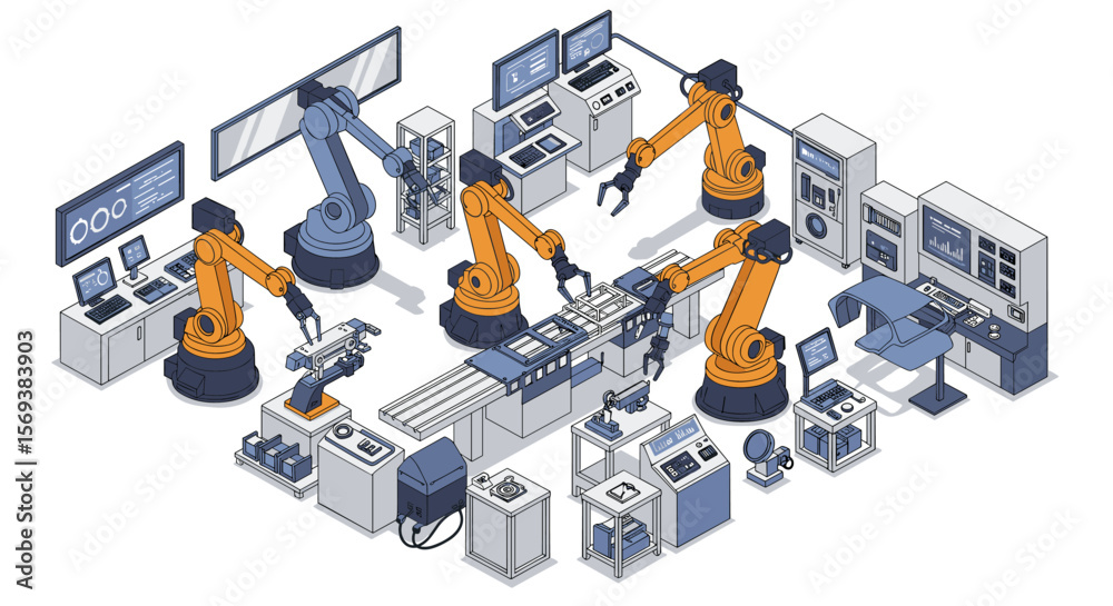 Poster Isometric vector illustration of advanced robotics and automation in a modern industrial factory setting