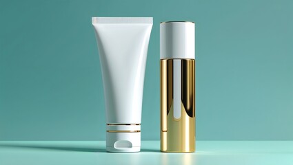 Elegant white and gold tube, high-end cosmetic, isolated on pale turquoise background.