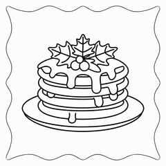 Holiday Pancakes with Syrup and Holly Outline Drawing Vector Illustration