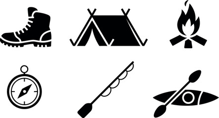 Vector Camping Icons: Boots, Tent, Fire, Compass, Kayak, Fishing Rod