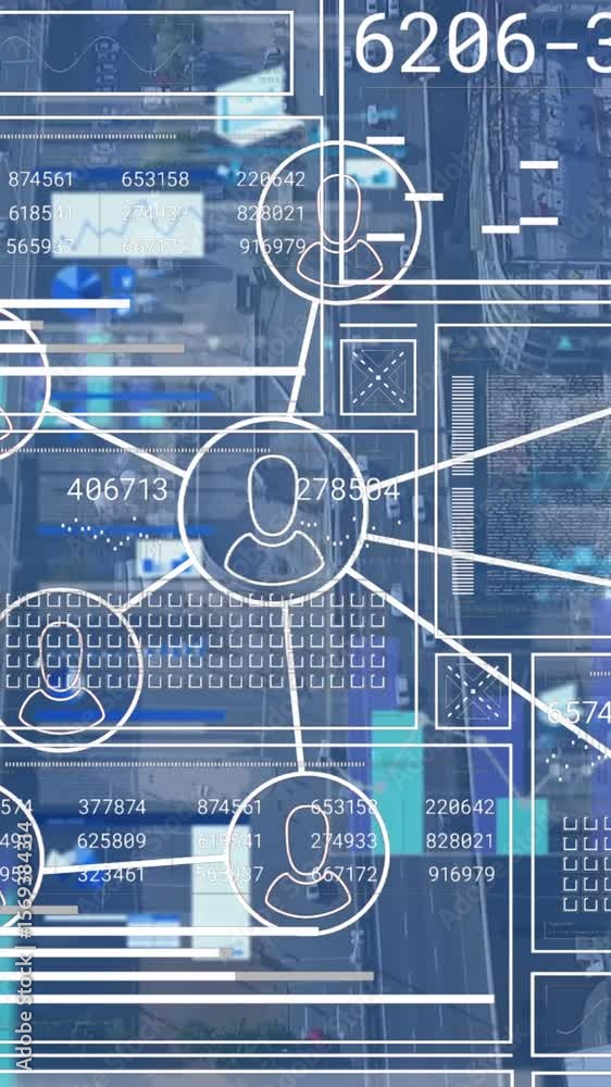 Wall mural animation of connected profile icons over graphs, loading square against aerial view of city
