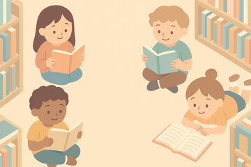 Group of diverse children reading books together on floor in library surrounded by bookshelves learning and education illustration