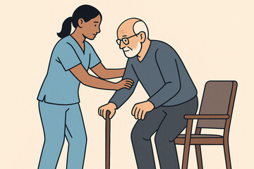 Female caregiver assisting senior man with walking cane standing up from chair elderly support and healthcare illustration