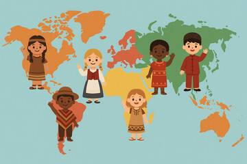 Children wearing traditional cultural clothes from different countries standing on world map diversity and global unity education concept