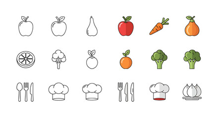 Food and Cooking Icon Set Outline and Color