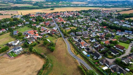 Aerial view around the old town of Meddersheim on a sunny spring morning