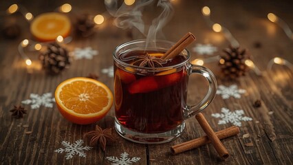 A cozy scene with hot mulled wine served on a rustic wooden background, surrounded by fragrant fir branches, warm cinnamon sticks, and fresh orange slices, evoking festive warmth and relaxation