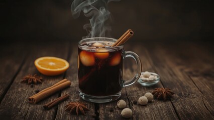 A cozy scene with hot mulled wine served on a rustic wooden background, surrounded by fragrant fir branches, warm cinnamon sticks, and fresh orange slices, evoking festive warmth and relaxation
