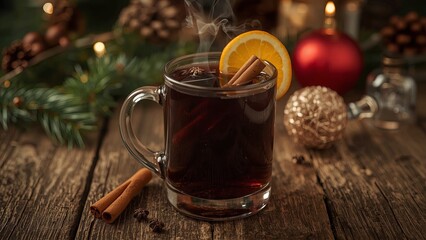 A cozy scene with hot mulled wine served on a rustic wooden background, surrounded by fragrant fir branches, warm cinnamon sticks, and fresh orange slices, evoking festive warmth and relaxation