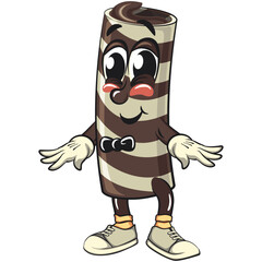 cute chocolate wafer roll mascot cartoon vector illustration with a bow tie, funny dessert character in striped snack design for kids and food packaging, work of hand drawn