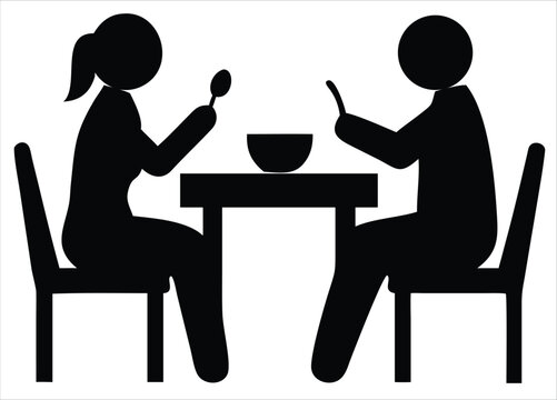 Simple black silhouette of a man and a woman sitting at a table eating from a bowl with spoons, representing dining or a meal together. Ideal for use in hospitality branding, restaurant signage