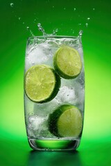 a glass with lime slices and ice cubes on a green background, commercial photography