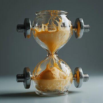Melting hourglass with sand forming muscular arms, depicting time's paradoxical strength.