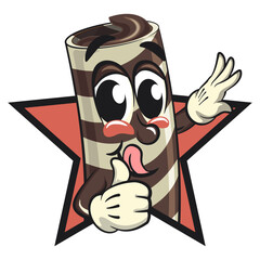 cute chocolate wafer roll mascot cartoon vector illustration out from of a star by giving a thumbs up s, funny dessert character in striped snack design for kids and food packaging, work of hand drawn