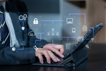 Hand touching secure access service edge icon on smartphone virtual screen background, password,...