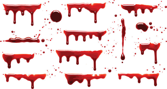 Blood splatter vector set, red liquid drips, horror stains, realistic blood drops, isolated gore effect, dripping shapes, Halloween design elements
