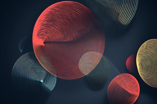 Abstract geometric rings glow softly with striped forms on dark navy background.