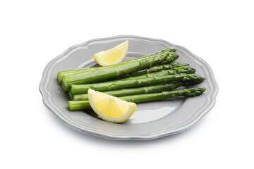 Tasty cooked asparagus with lemon isolated on white