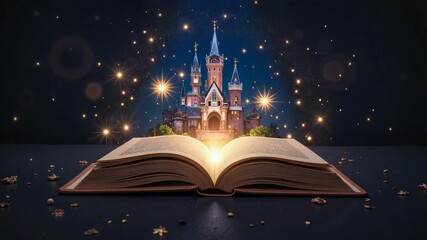 Fantasy book opening to a magical castle with sparkling lights  