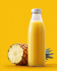 Product photography, pineapple juice in a bottle with a white cap on a yellow and white background