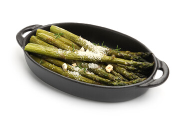 Tasty cooked asparagus served with parmesan isolated on white