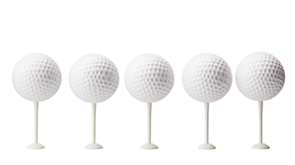 Five golf balls sit on white tees against a contrasting isolated on transparent background ready for tee off.