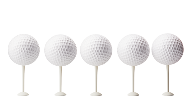 Five golf balls sit on white tees against a contrasting isolated on transparent background ready for tee off. - Powered by Adobe