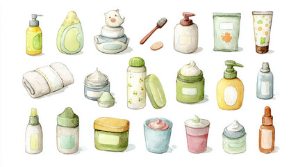 Obraz premium A collection of illustrated baby skincare cosmetic products of various types