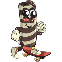 cute chocolate wafer roll mascot cartoon vector illustration playing skateboard, funny dessert character in striped snack design for kids and food packaging, work of hand drawn
