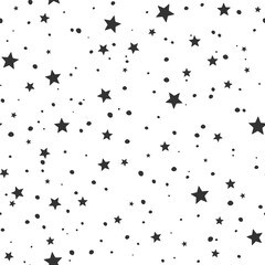 Minimal black star snow flakes seamless pattern on white. Monochrome festive background. Great for wrapping paper, greeting card, nursery print, New Year Christmas theme, seasonal packaging