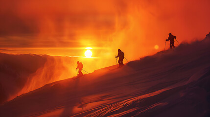 Skiers silhouetted on a snow-covered slope at sunset