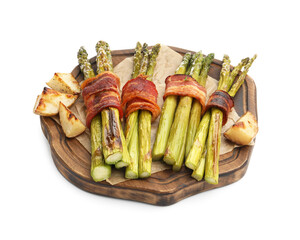 Tasty cooked asparagus, bacon and potatoes isolated on white
