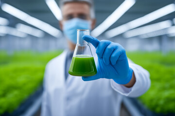Scientist holds flask with green liquid, examining it closely in modern laboratory filled with lush plants. Bright setting reflects dedication to research