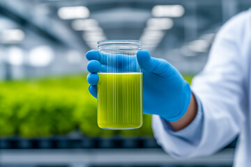 Scientist in lab coat and blue gloves holds jar of green liquid, indicating significant research activity. Modern laboratory setting with plants surrounding