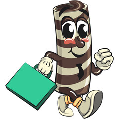 cute chocolate wafer roll mascot cartoon vector illustration with a suitcase rushing to the office, funny dessert character in striped snack design for kids and food packaging, work of hand drawn