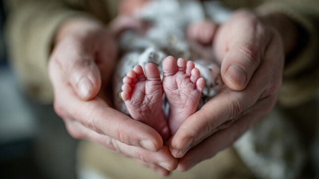 A newborn's tiny feet cradled in the gentle hands of both parents, captured at a maternity hospital