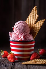 Strawberry ice cream in a striped cup with wafers on a dark wooden background