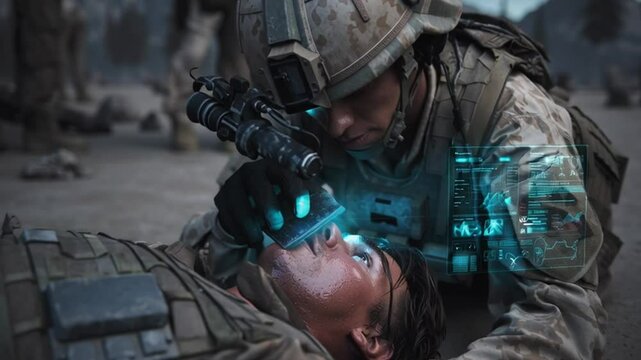 Medics providing aid: A soldier in military uniform provides crucial medical assistance to a wounded comrade amidst a war zone, emphasizing care.