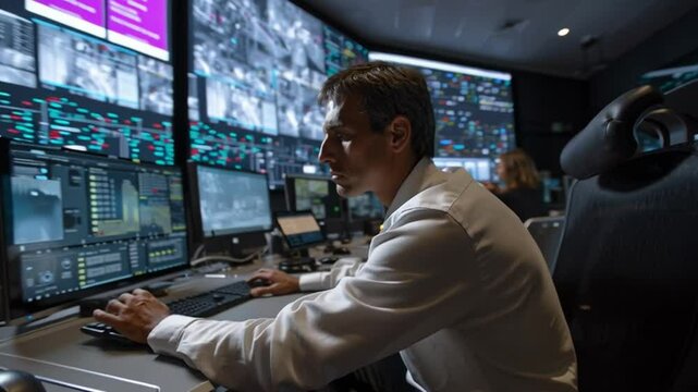 Cybersecurity Specialist at Work: A focused cybersecurity professional monitors multiple screens displaying complex data streams, diligently safeguarding digital assets in a high-tech control room.