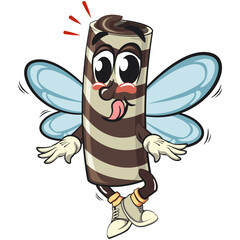 cute chocolate wafer roll mascot cartoon vector illustration have wings and fly like a bee, funny dessert character in striped snack design for kids and food packaging, work of hand drawn