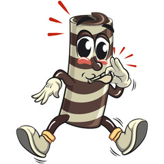 cute chocolate wafer roll mascot cartoon vector illustration blowing the whistle, funny dessert character in striped snack design for kids and food packaging, work of hand drawn
