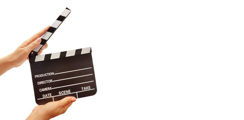 Hands holding a movie clapper board on white background