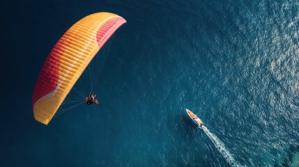 Tandem paragliders soaring over the blue sea, two people in one sailglider on a high wing with yellow and red colors