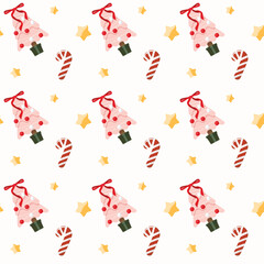Christmas backgrounds, seamless pattern vector illustration flat design. Pastel Christmas tree and coquette bow with candy cane for holiday festive wallpaper or printing.